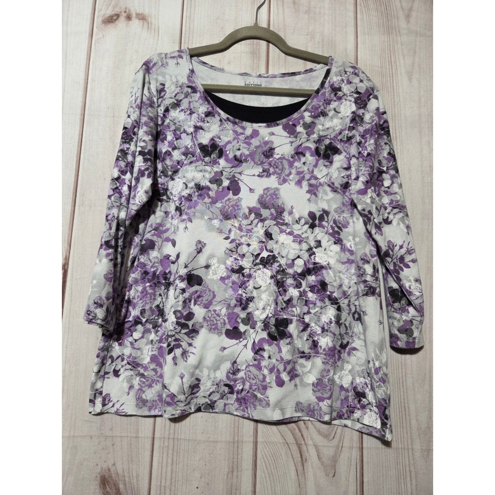 Basic Editions Womens XL Purple Floral 3/4 Sleeve Rhinestone Scoop Neck Top